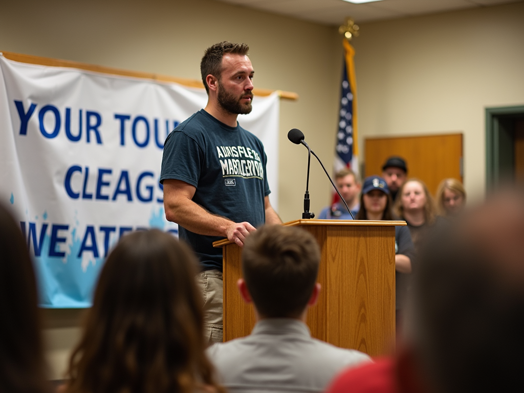 Volunteer speaking at a town hall