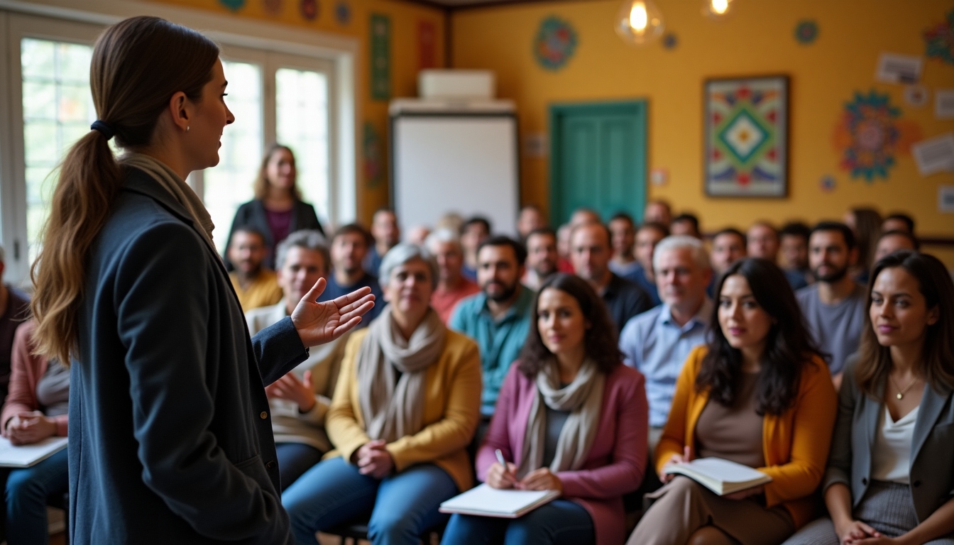 A volunteer speaking to a diverse community group at a local hall.