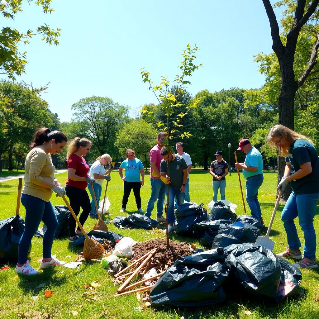 Volunteers cleaning and planting trees in a local park.