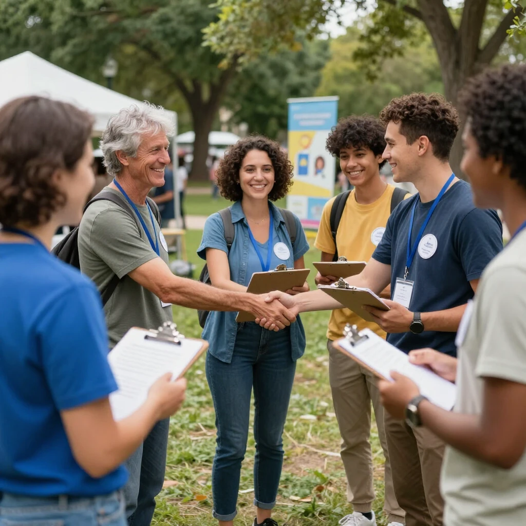 Group of volunteers networking at a community event