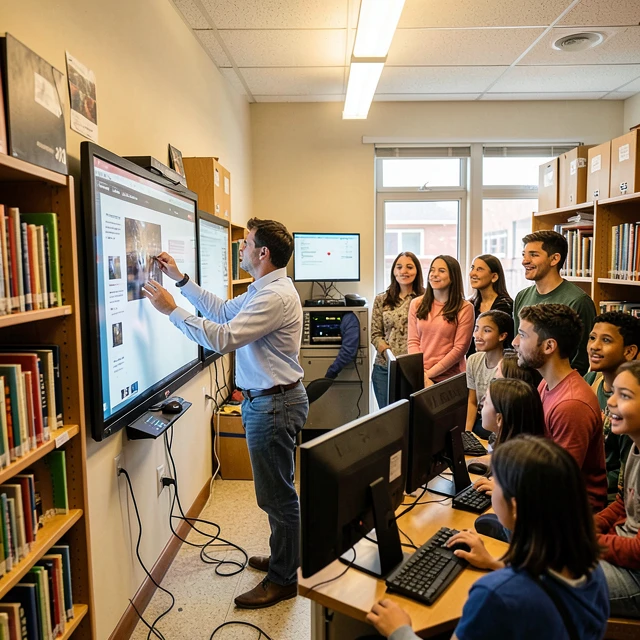 Skill-based volunteer setting up advanced technology tools in a school environment