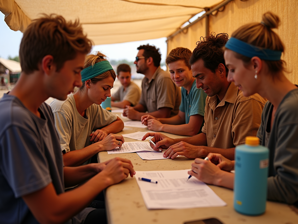 Diverse volunteers working together in a makeshift clinic