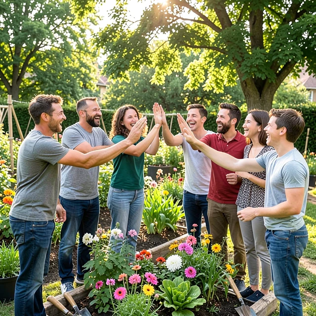 Volunteers celebrating a completed community garden project with pride and joy