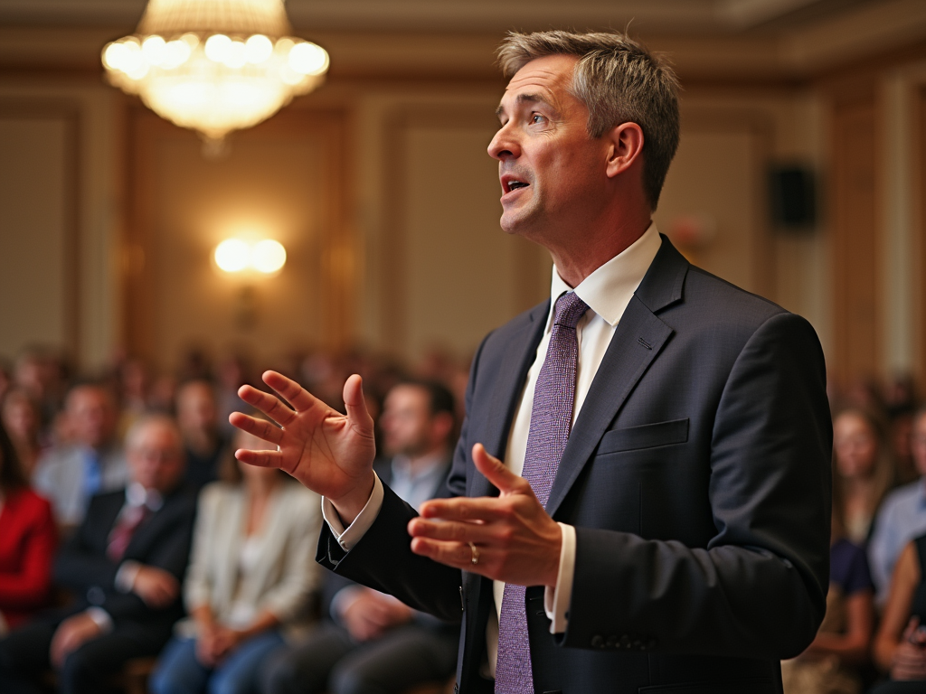 Volunteer addressing a crowd at a town hall