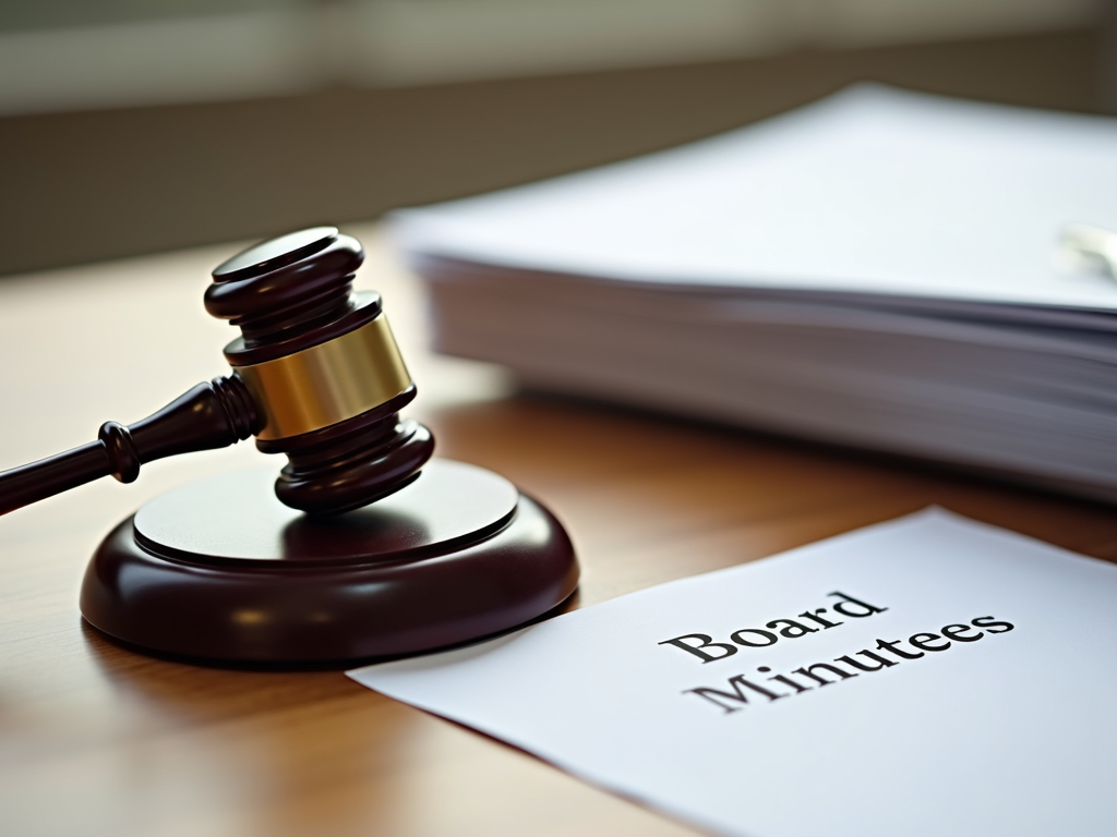 A gavel and board minutes