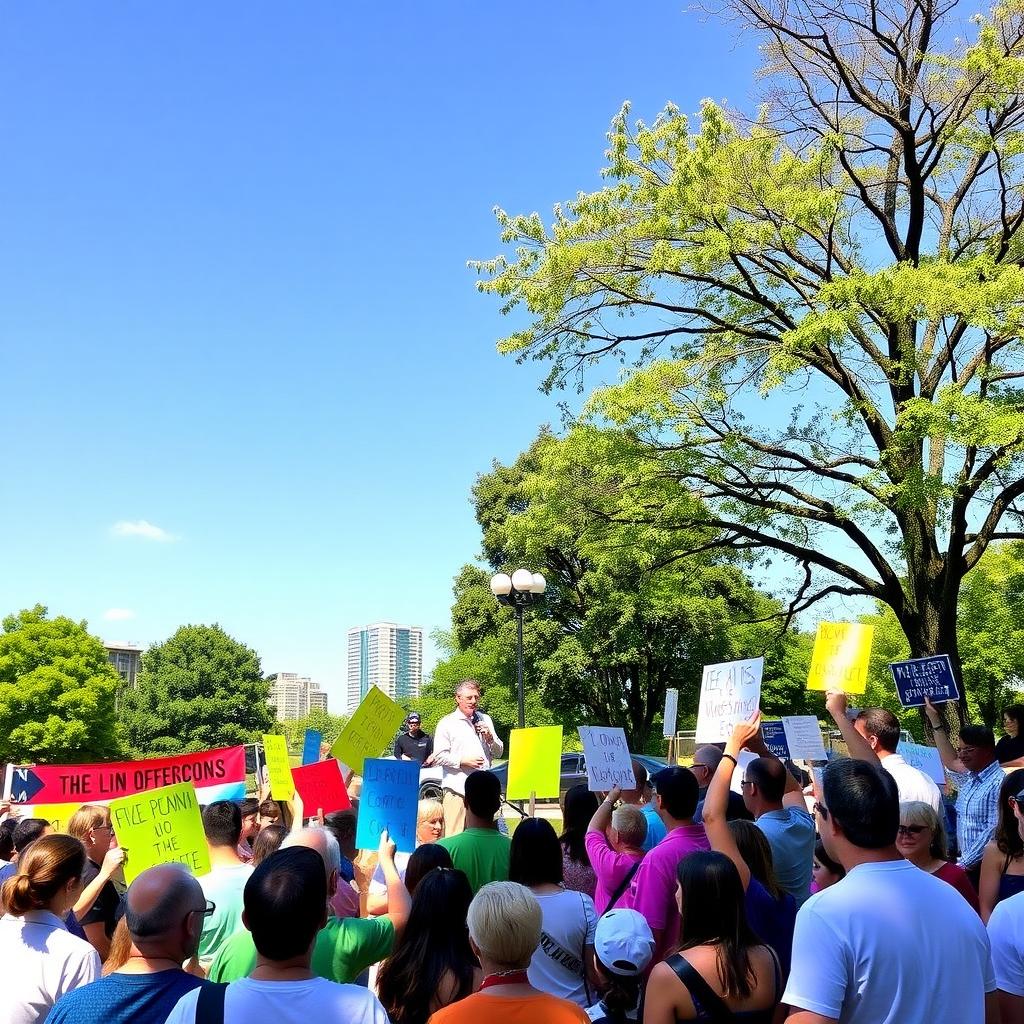 A diverse crowd at a lively outdoor rally, holding signs and listening to a speaker advocating for change.