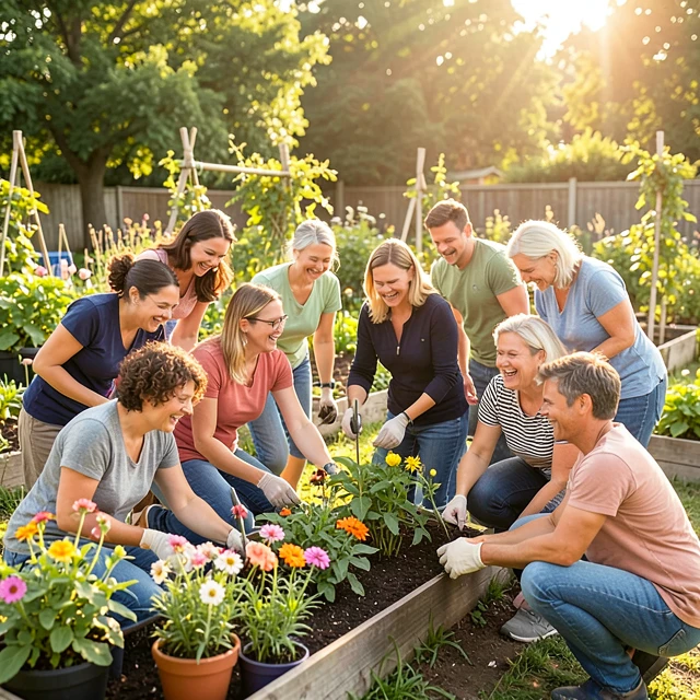 Diverse group of volunteers working together in a community garden