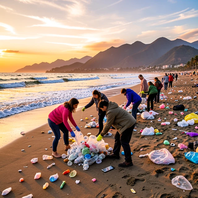 Volunteers cleaning a beach during an environmental advocacy event at sunrise