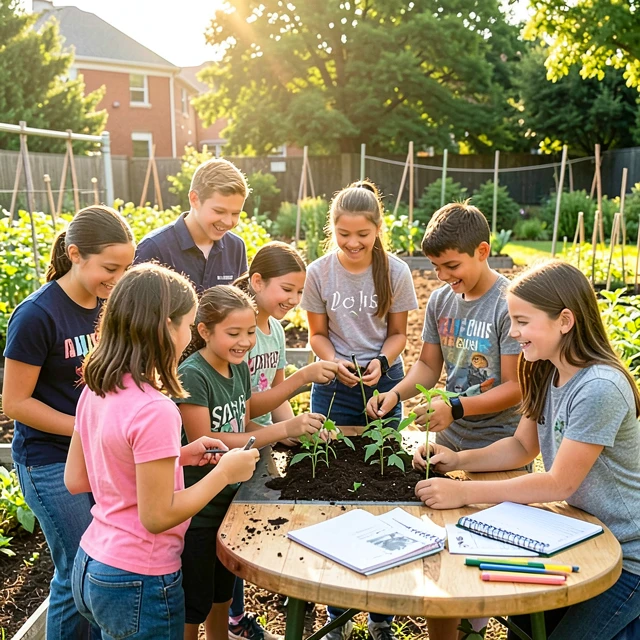 Students participating in a service learning community garden project