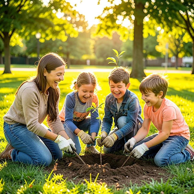 Family volunteering together by planting trees in a local park