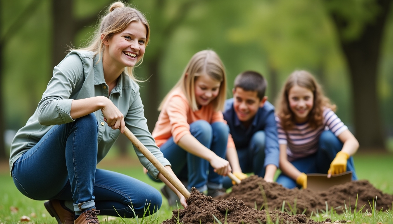 Greta Jensen with her students during a cleanup event in a local park, all are enthusiastic and engaged.