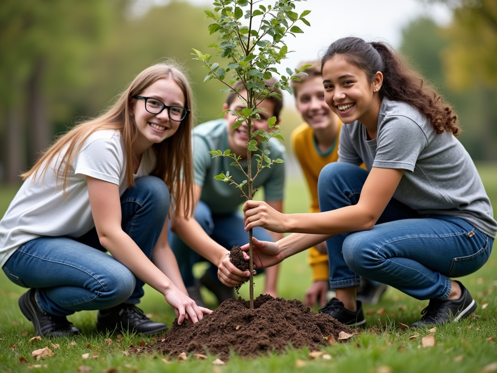 Students planting trees in a community park