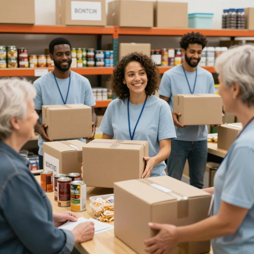 Volunteers distributing food at a community center
