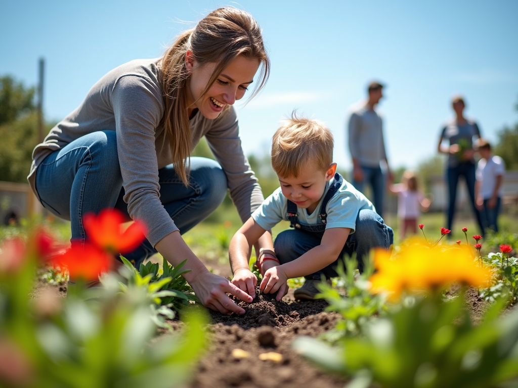 Families enjoying a community garden built through advocacy.