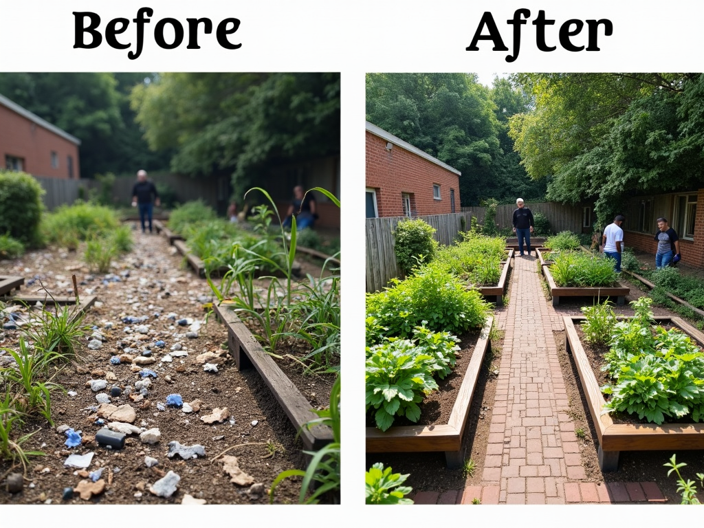Community garden transformation, showcasing the impact of volunteer work on local spaces.