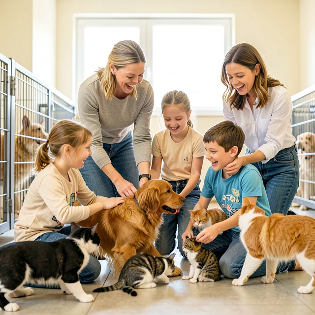 Family volunteering with animals at a local shelter