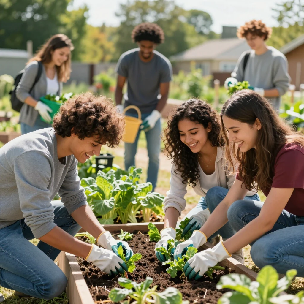 Diverse college students volunteering in a community garden planting vegetables