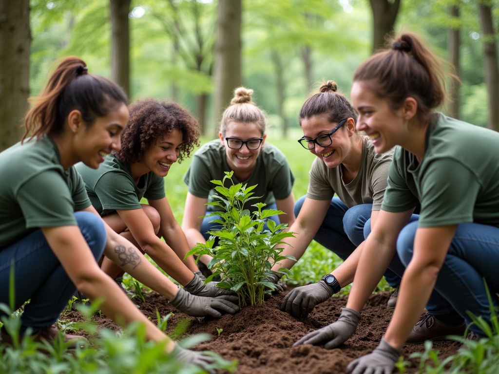 Volunteers planting trees together in a park