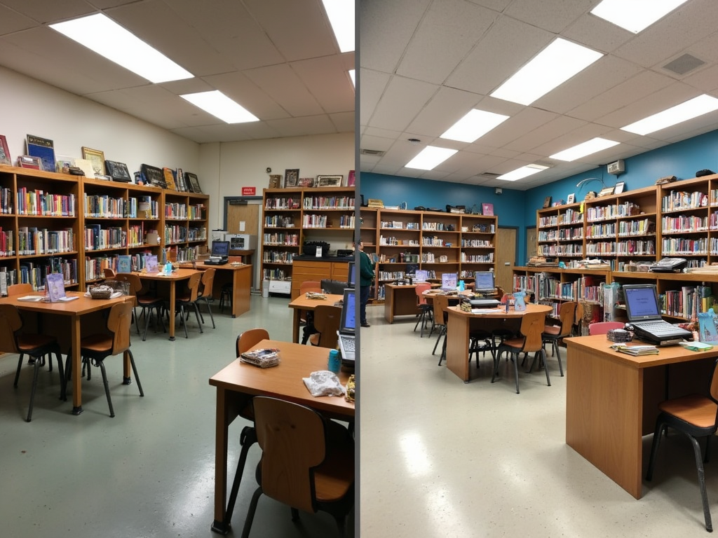Before and after of a school library revamp