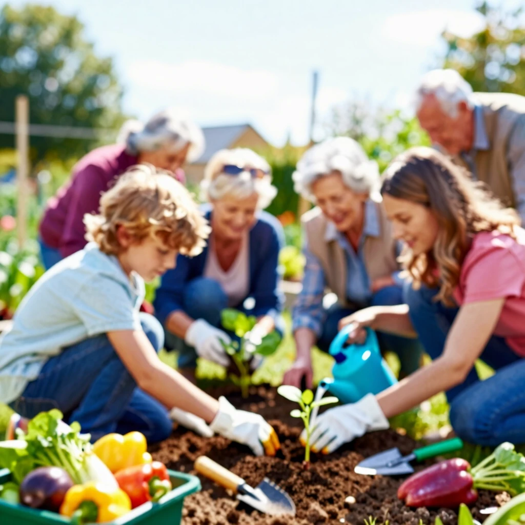 Family and neighbors planting a community garden