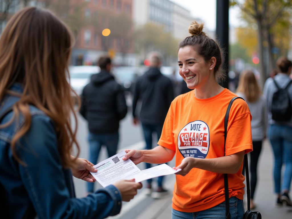 A volunteer spreads the word with energy and purpose.