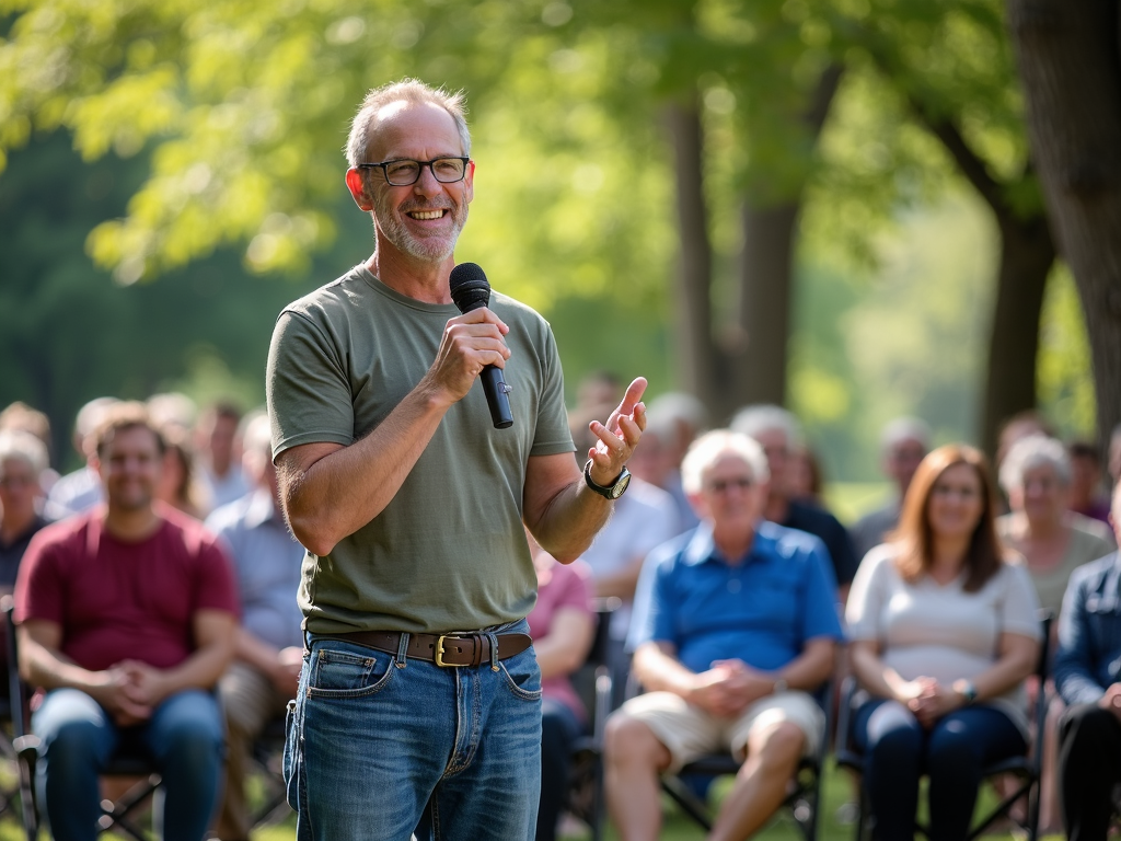 Volunteer speaking at a community event in a park