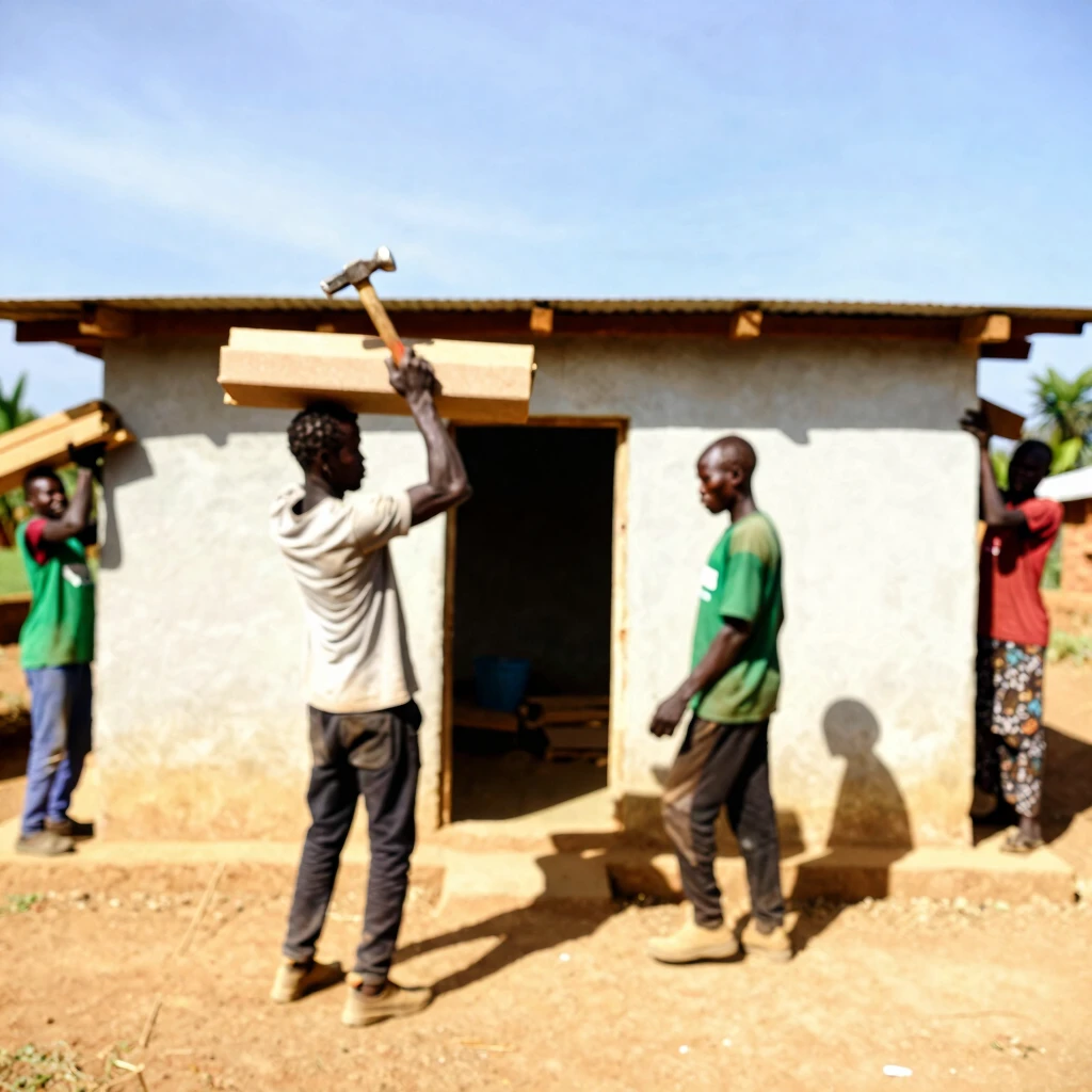 International volunteers building a house in a community, showcasing teamwork