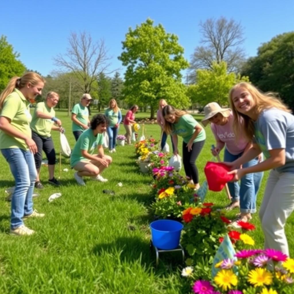 Diverse volunteers cleaning and planting in a sunny local park