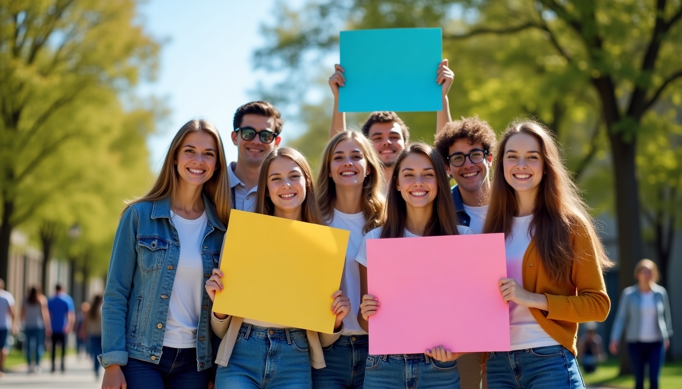 A group of enthusiastic teenagers in a park, holding placards with empowering messages, signifying youth advocacy in action.