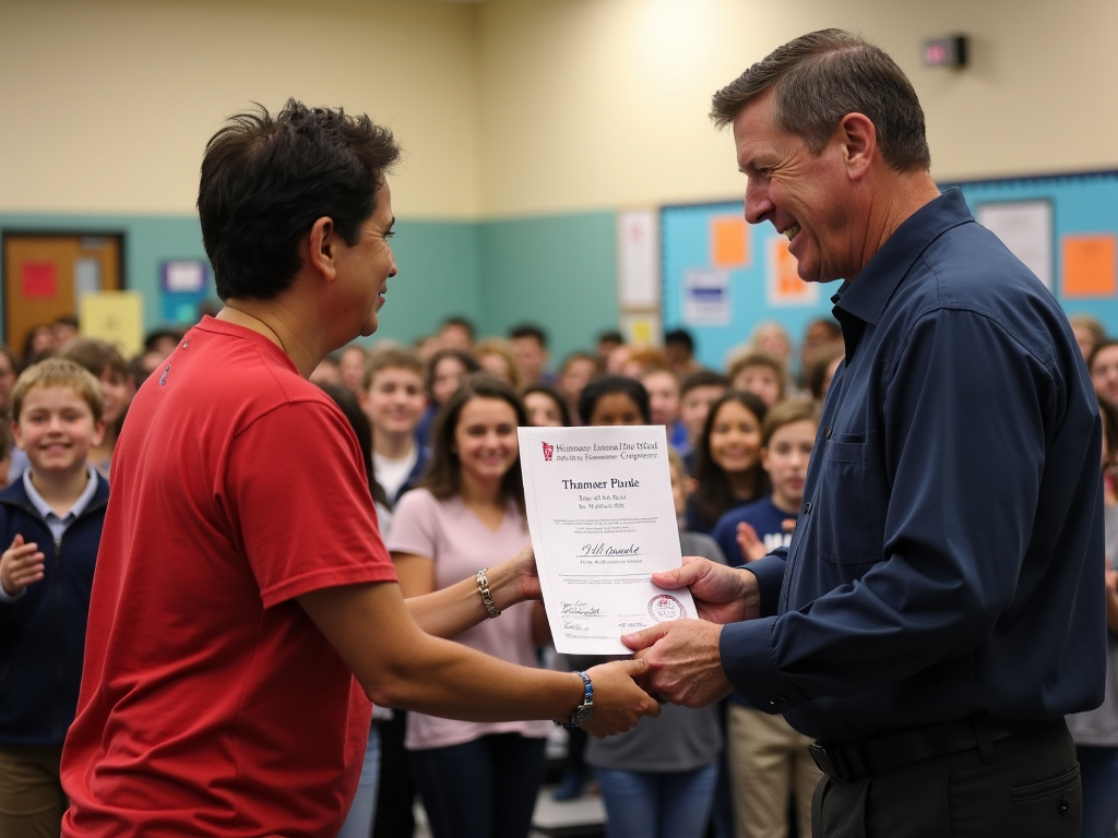 Volunteer receiving appreciation certificate.