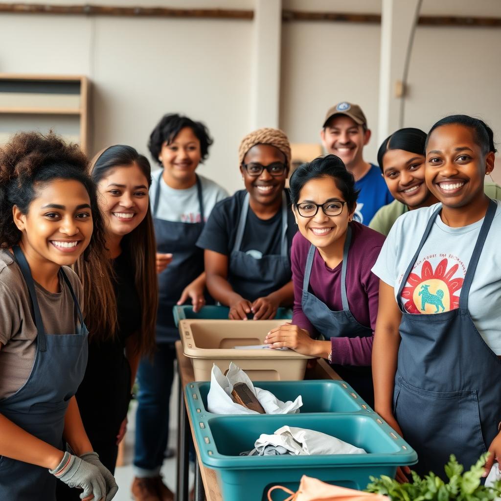 A vibrant scene of community spirit: five volunteers of different ages and backgrounds are planting trees in a local park. Their faces show joy and determination as they work together to beautify their neighborhood.