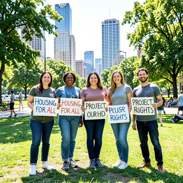 Group of advocacy volunteers preparing for a community event in a park