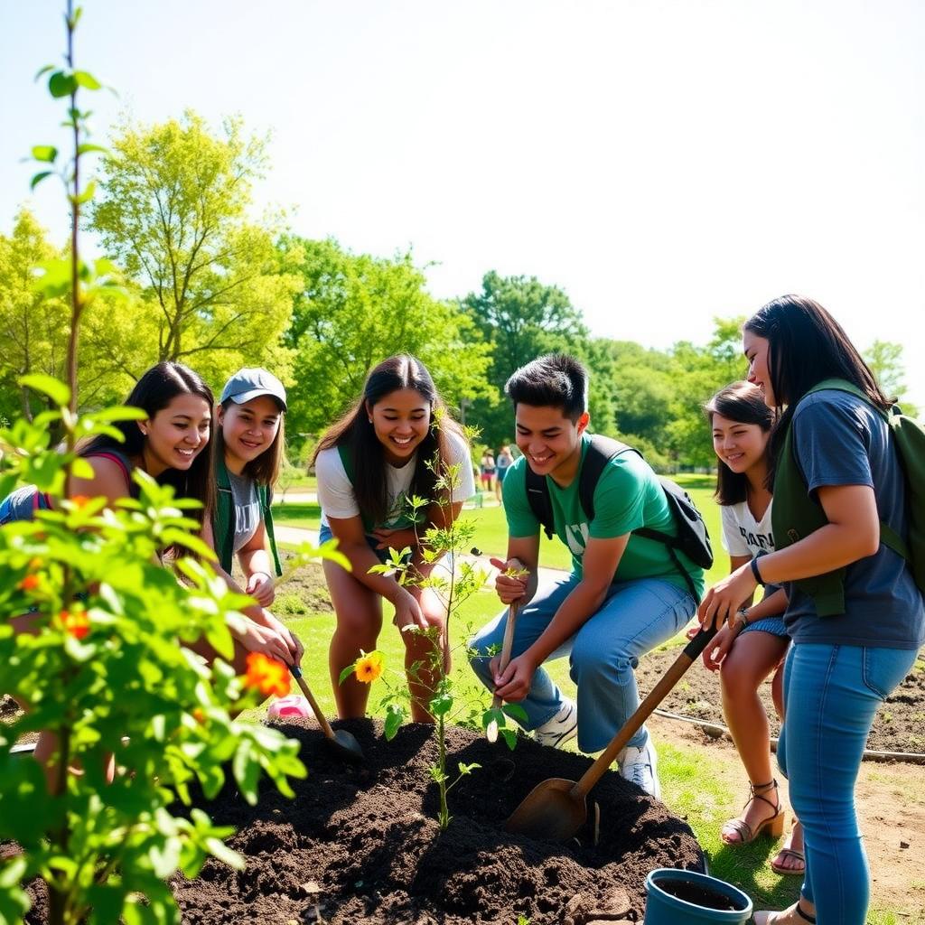 College students volunteering in a community garden, planting trees and flowers under a sunny sky.