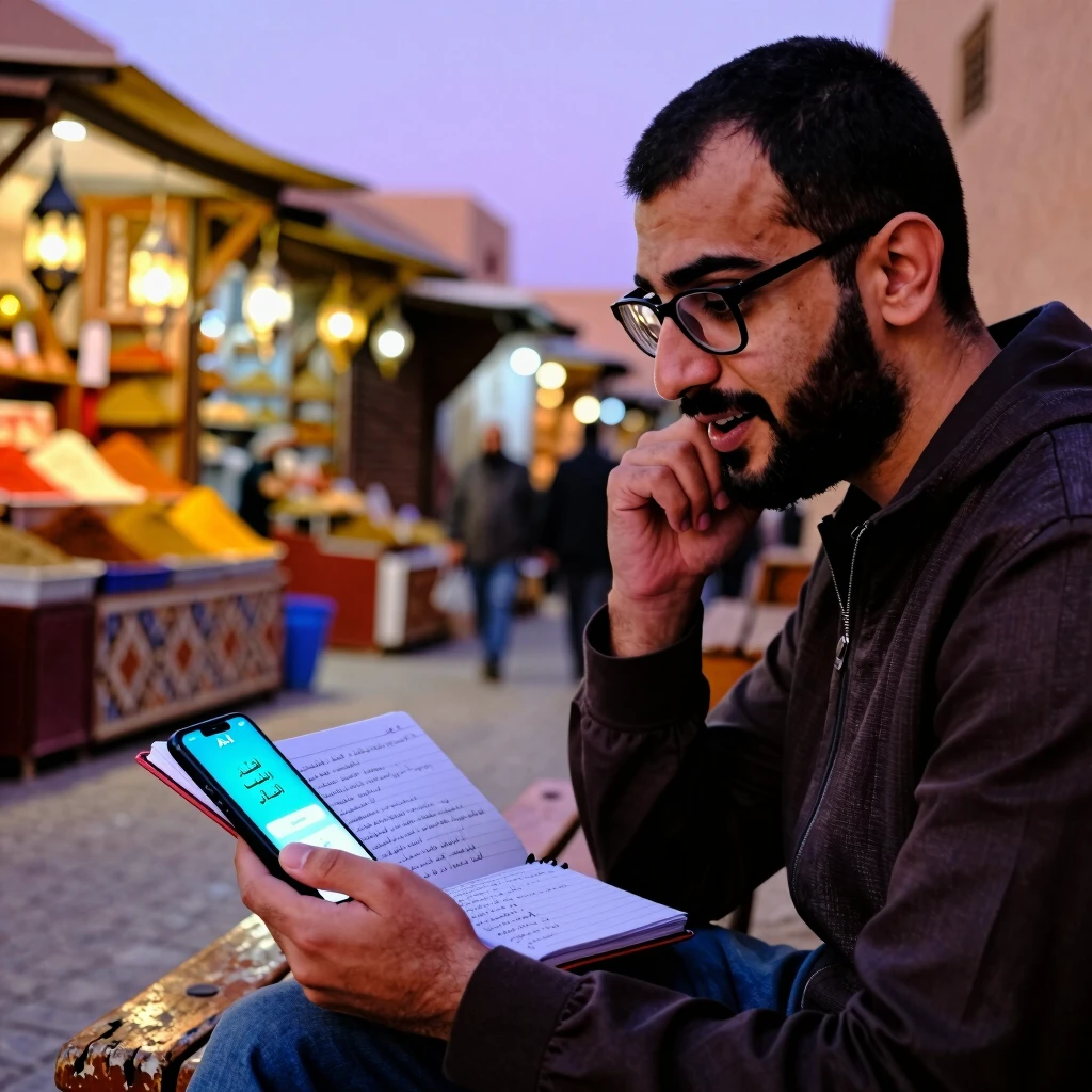 Man reflecting on language notes with AI app in Moroccan market