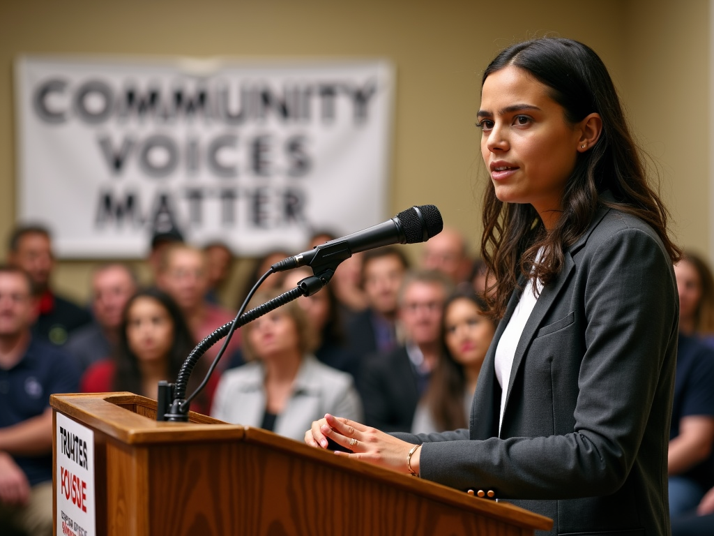 A volunteer speaking out at a town hall, advocating for her community’s needs.