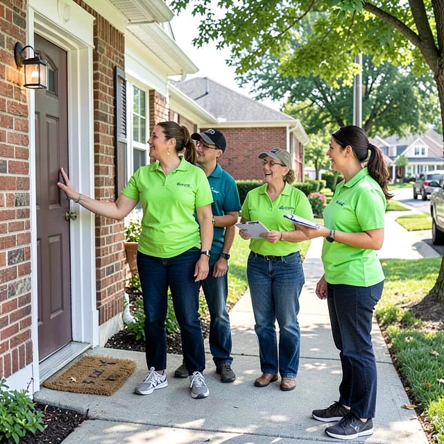 Volunteers canvassing door-to-door to build support for a community initiative