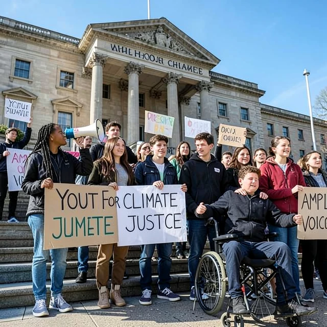 Young activists protesting for climate justice outside city hall as part of youth advocacy volunteer projects