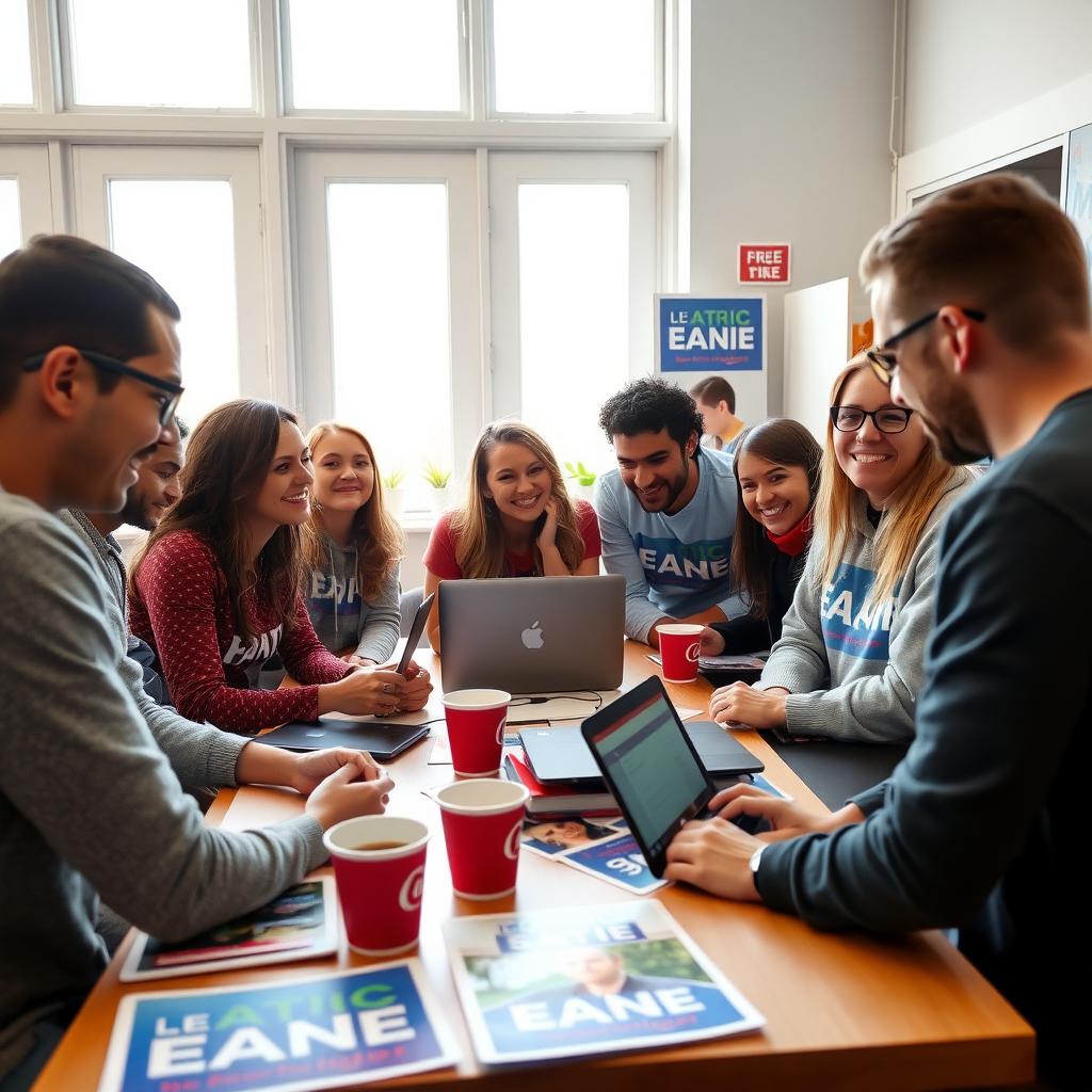 A group of volunteers collaborating on social media strategies in a lively campaign office.