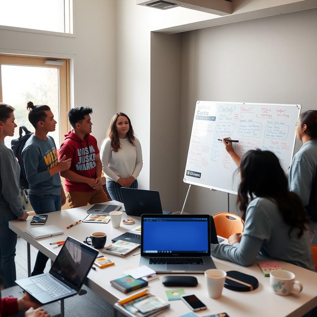 Young volunteers brainstorming a social justice campaign in a community center.