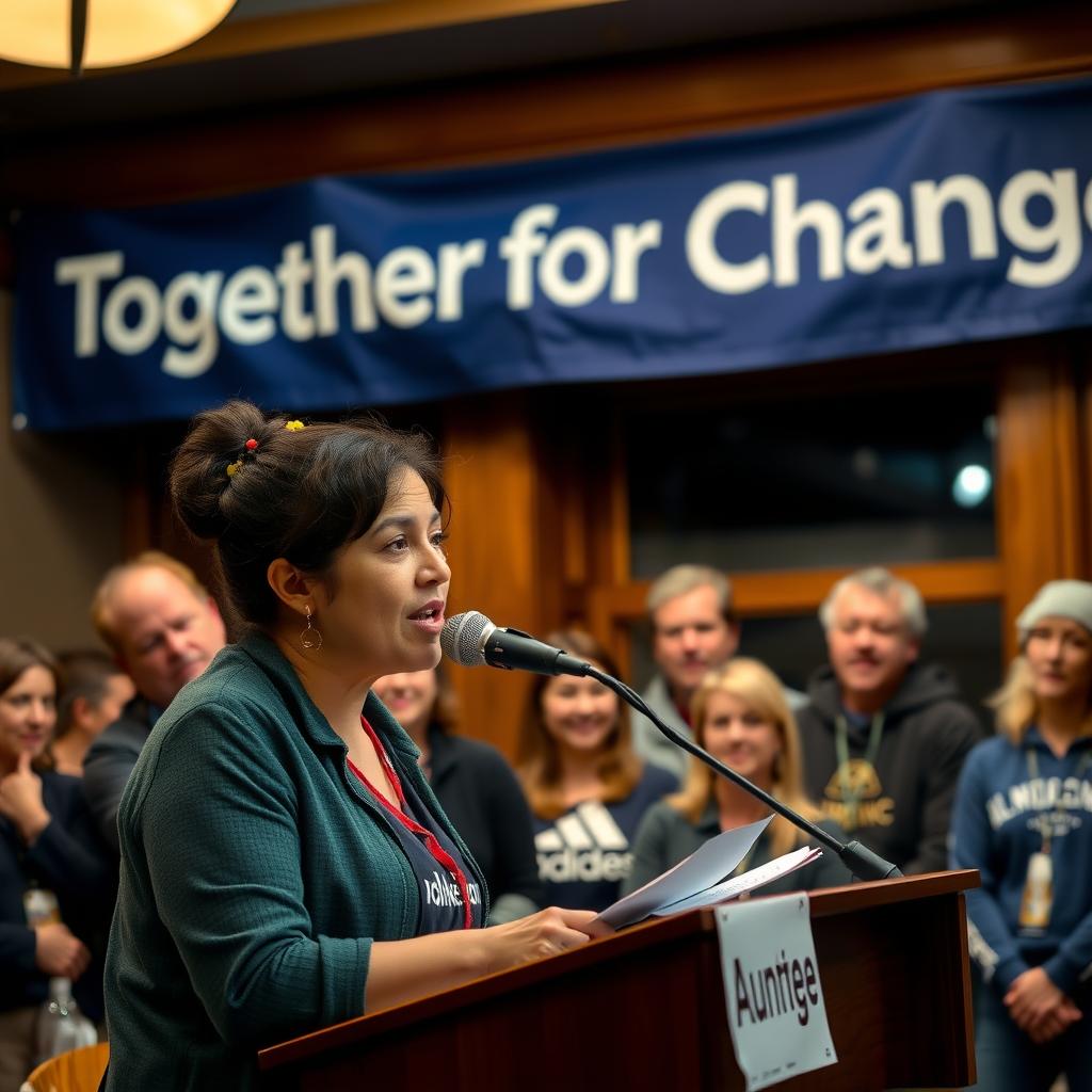 Advocacy volunteer speaking at a community meeting with a 'Together for Change' banner