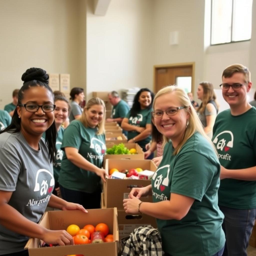 Volunteers packing food boxes in a community center for a non-profit