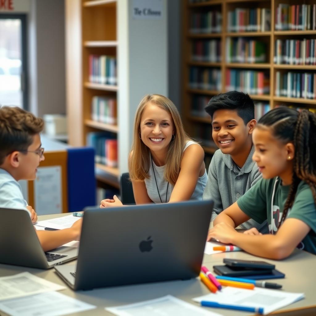 A volunteer helps high school students edit a school newspaper in a cozy library.