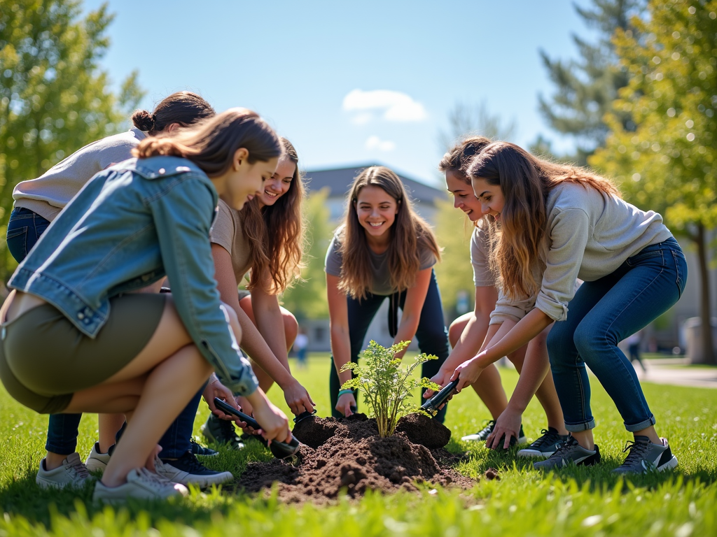 Volunteers planting trees and cleaning up a community park