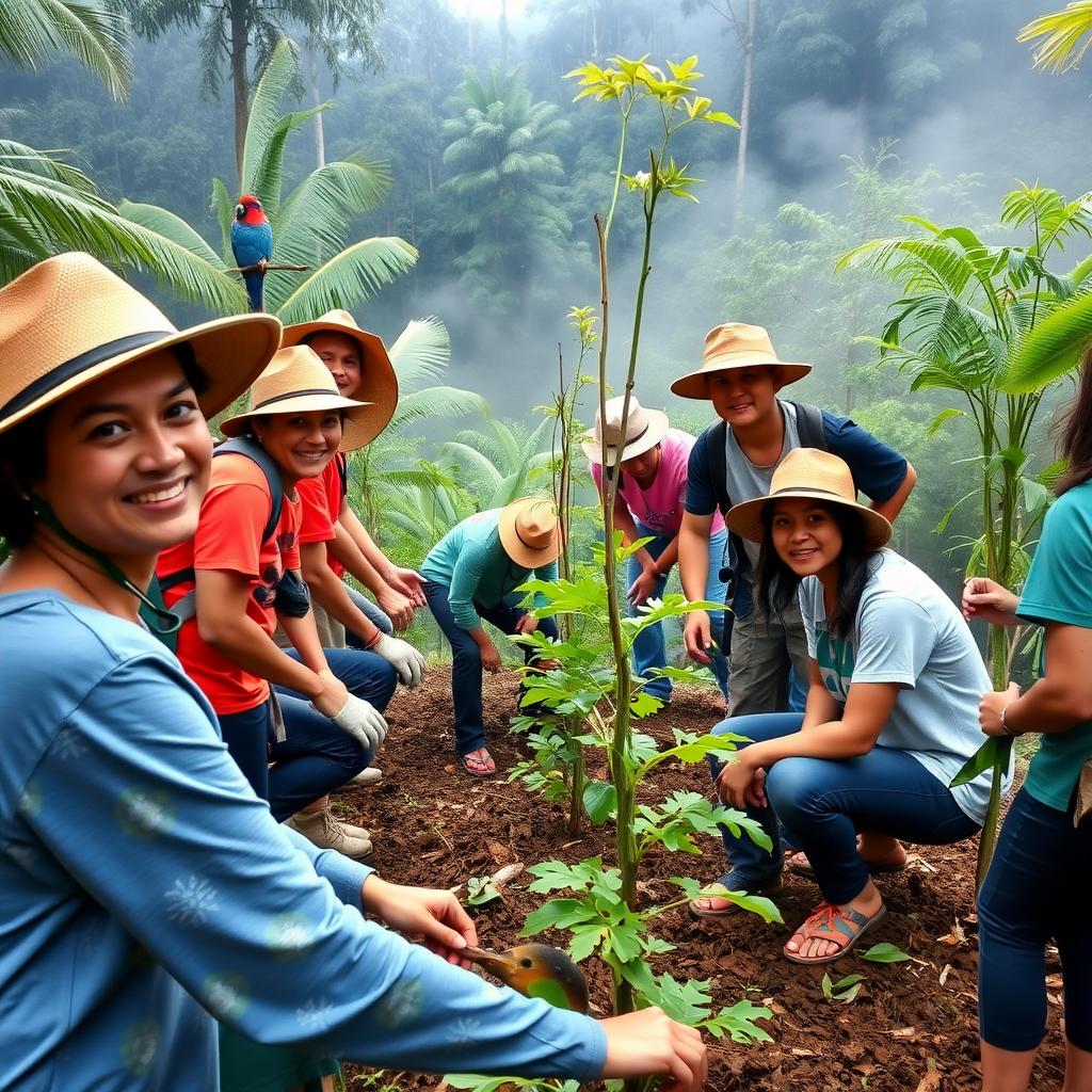 Volunteers planting trees in a Southeast Asian rainforest