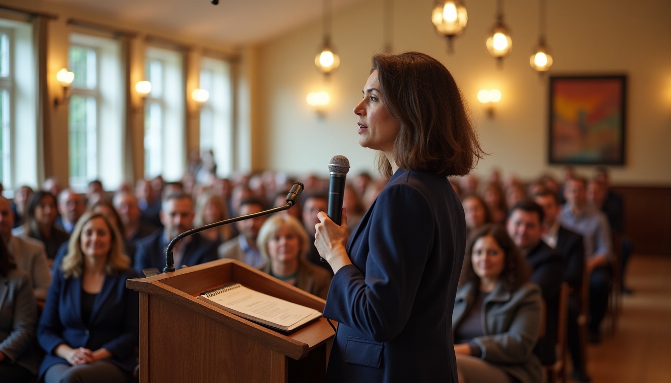 A woman passionately speaking at a community event, surrounded by engaged listeners.