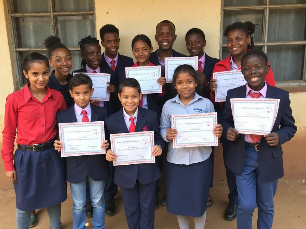 Students and volunteers celebrating success outside a school.