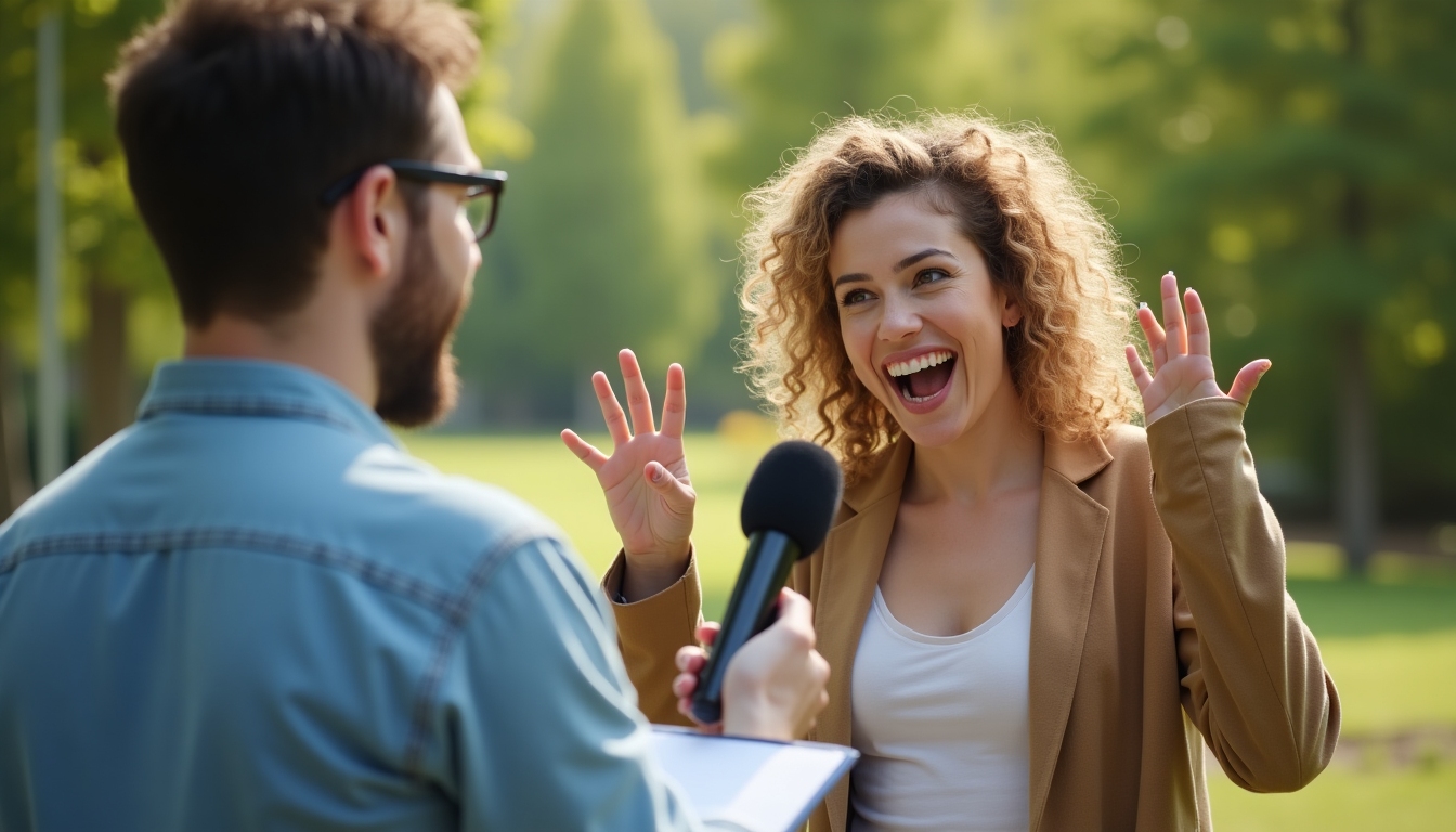 A cheerful person being interviewed by a reporter with a notepad and microphone
