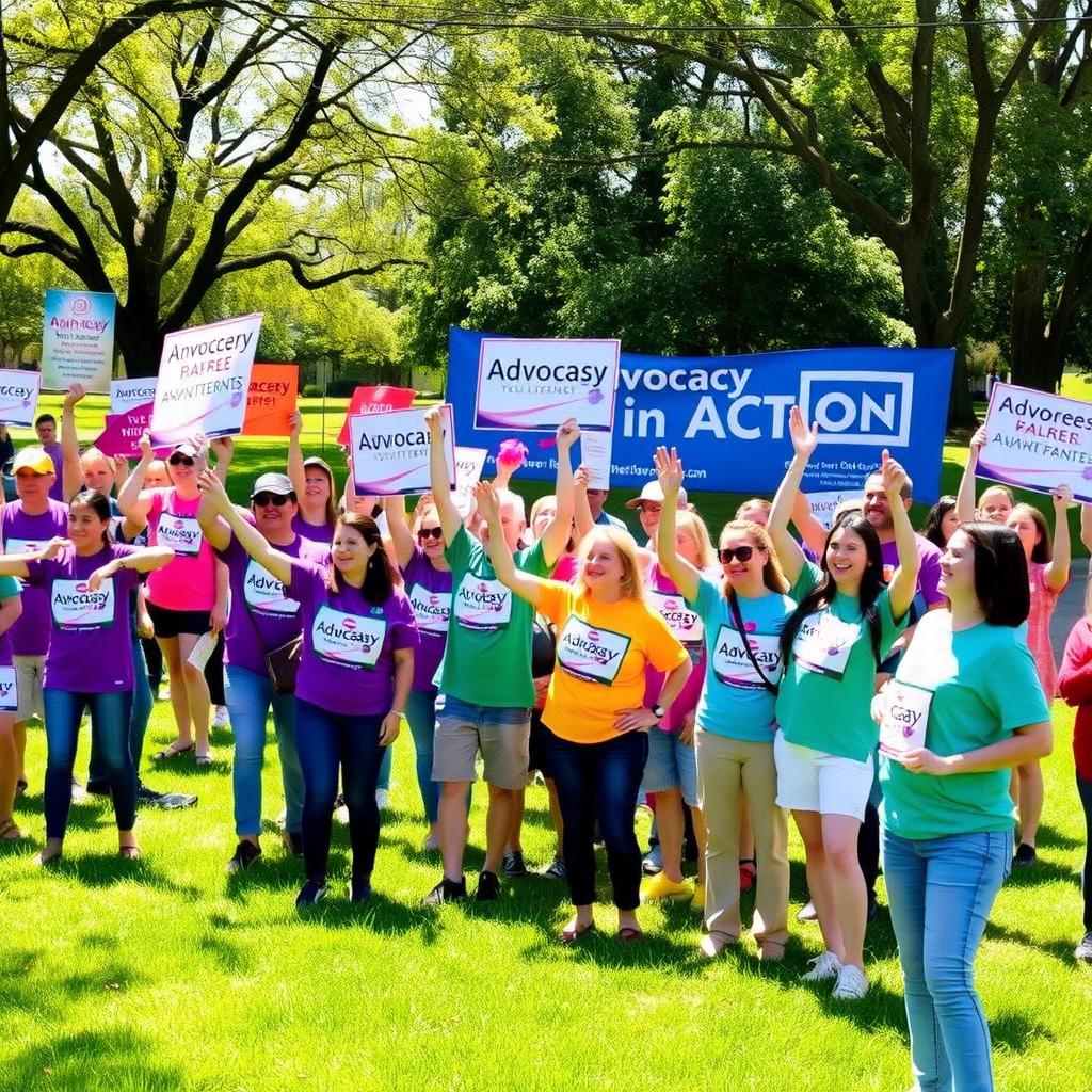 Volunteers at a grassroots rally in a sunny park, holding signs and wearing campaign t-shirts.