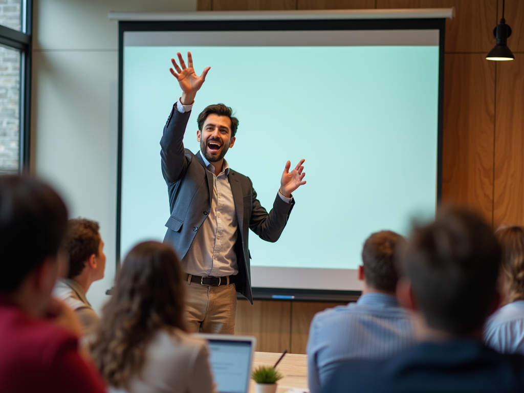 A volunteer trainer enthusiastically engaging with participants during an interactive training session.