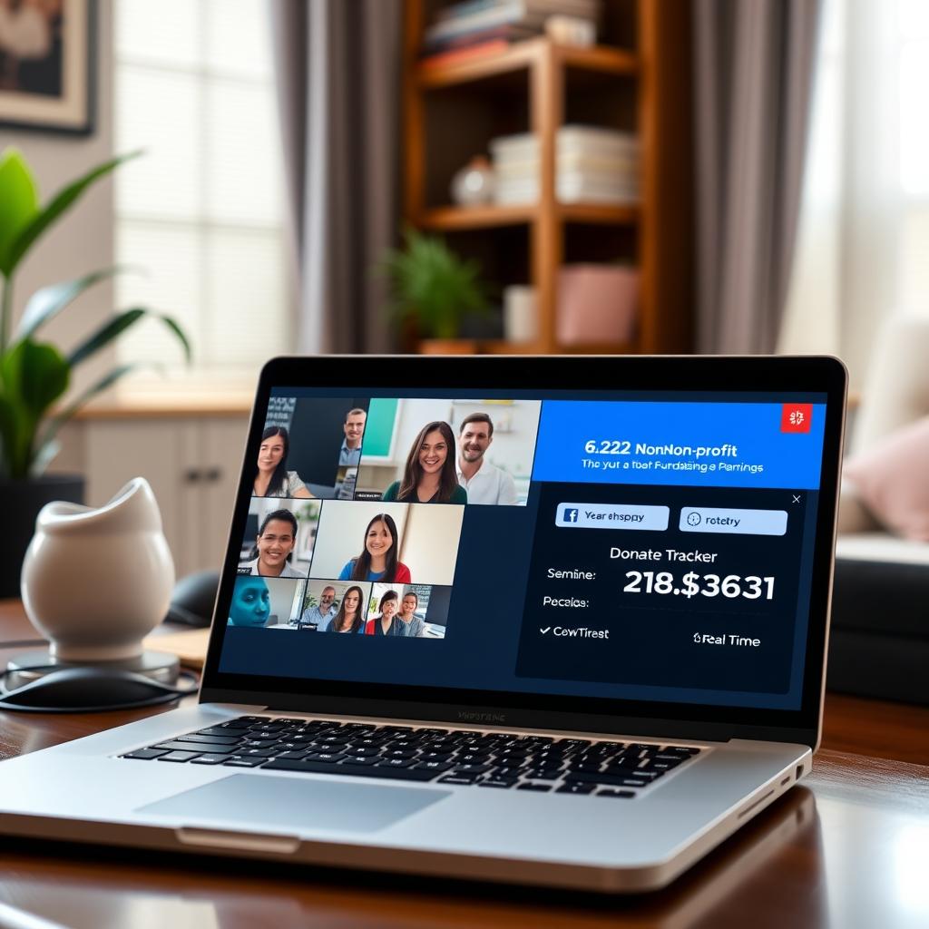 A laptop in a home office showing a virtual trivia fundraiser with participants on Zoom and a donation tracker.